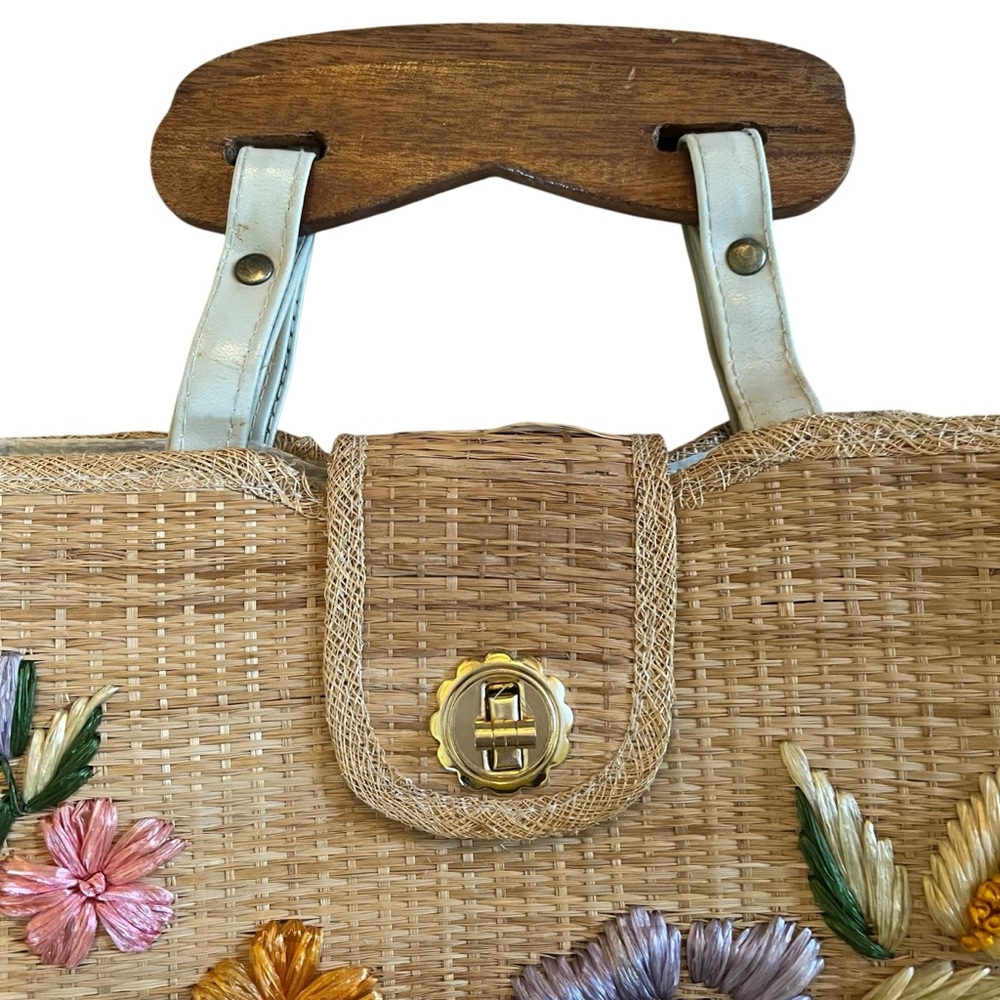 Bags by Whidby Vintage Straw Satchel with Multi-Color Straw Floral Detail - Picture 6 of 8